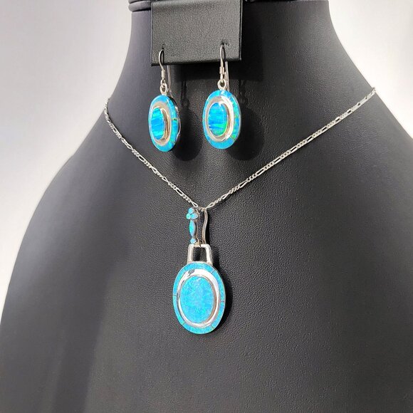 Native American Blue Opal Necklace Earrings Set Oval 925 Sterling Signed MY - Picture 4 of 12